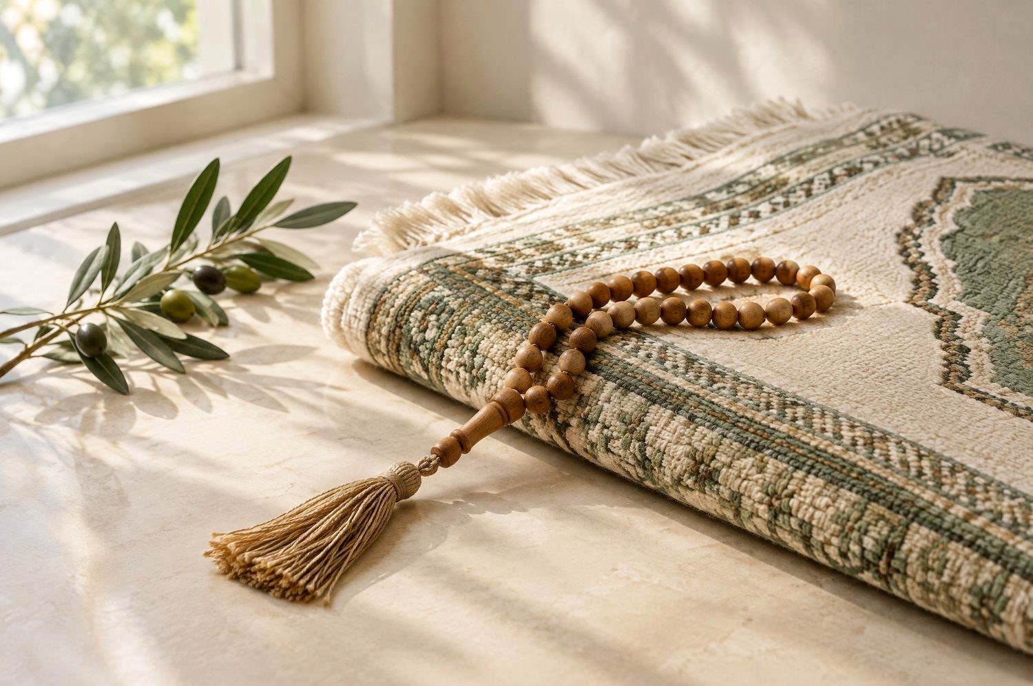 Prayer beads resting on a prayer mat beside an olive branch