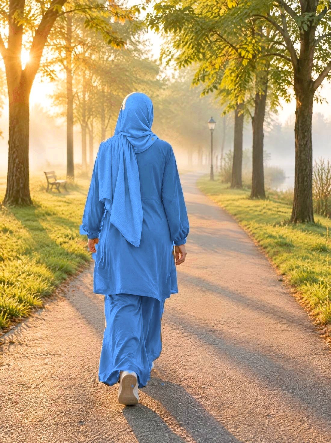 A woman in a sage hijab walking along a tree-lined path into the morning sun, seen from behind