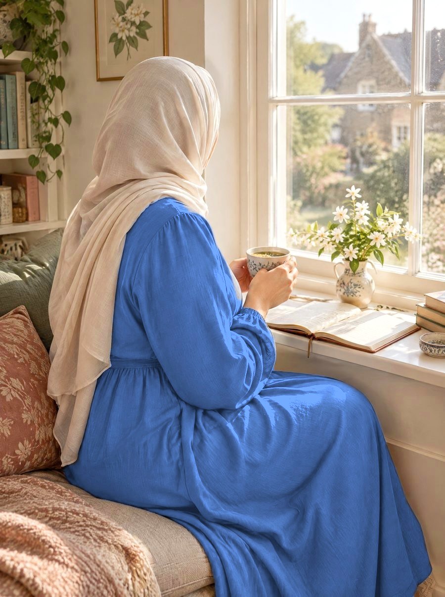 A woman in hijab resting by a sunny window with tea